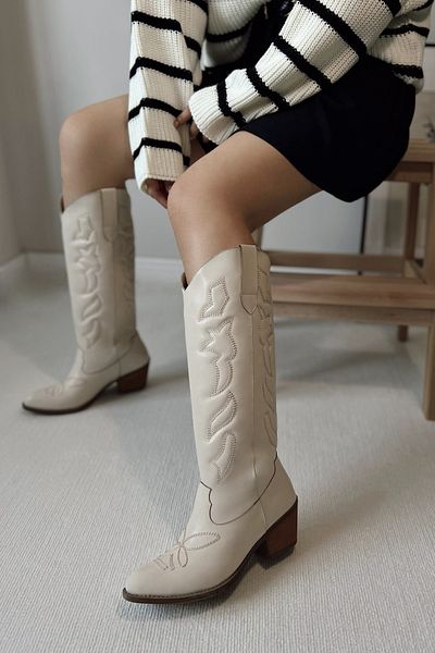 POLKA STORE Texas Embroidered Long Below the Knee Beige Nude Skin Ecru Western γυναικείες καουμπόικες μπότες