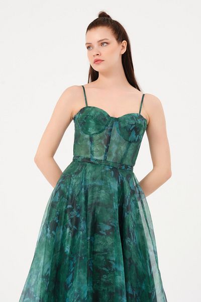 DANS ABİYE Strappy Self Patterned Organza Fabric Evening Dress
