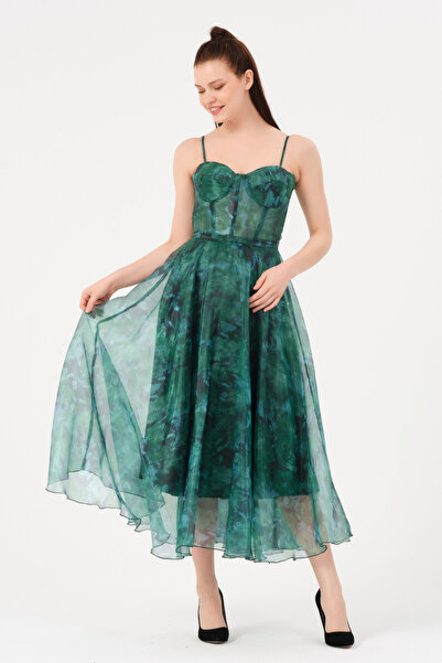 DANS ABİYE Askılı Kendinden Desenli Organze Kumaş Abiye Elbise