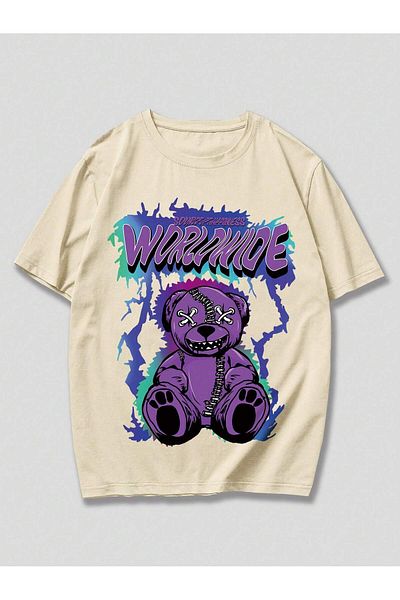 MAGORS Unisex Oversize εμπριμέ βαμβακερή λαιμόκοψη κοντό μανίκι μπεζ μπλουζάκι