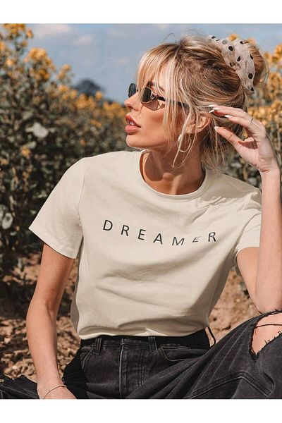 MAGORS Unisex Oversize εμπριμέ βαμβακερή λαιμόκοψη κοντό μανίκι μπεζ μπλουζάκι
