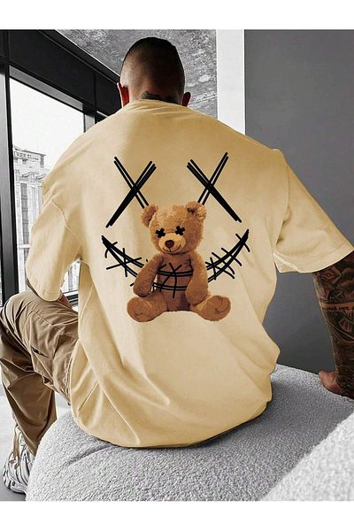 MAGORS Unisex Oversize εμπριμέ βαμβακερή λαιμόκοψη κοντό μανίκι μπεζ μπλουζάκι