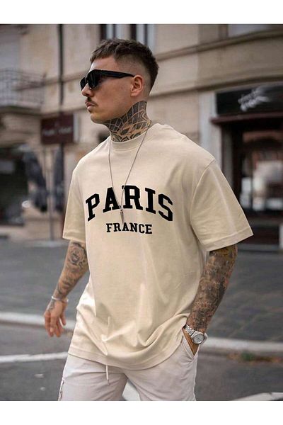 MAGORS Unisex Oversize εμπριμέ βαμβακερή λαιμόκοψη κοντό μανίκι μπεζ μπλουζάκι
