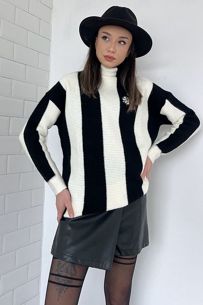 GÜLSELİ Pulover tricotat tricotat de damă, negru crem, cu jumătate de gât țesut, blocat de culoare, brodat cu piatră