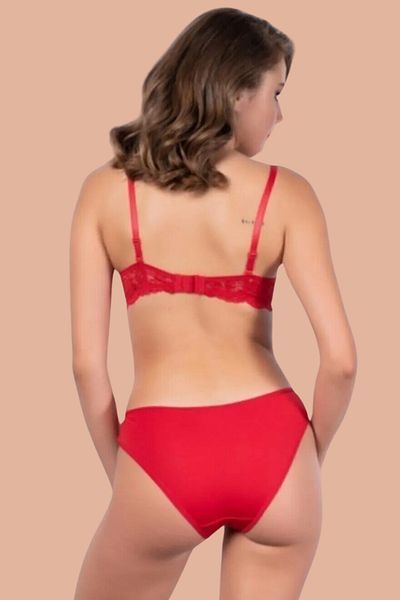 NurPeri İç Giyim Red Lace Detailed Padded Supported Women's Bra and Panty Set