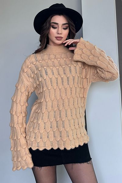 GÜLSELİ Pulover de damă, bej, cu decolteu triplu, ajurat, cu model în relief
