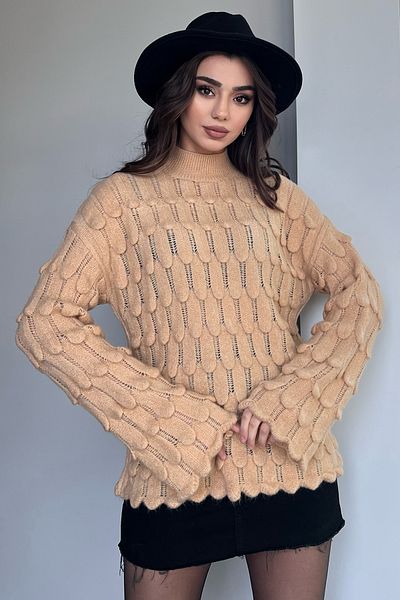 GÜLSELİ Pulover de damă, bej, cu decolteu triplu, ajurat, cu model în relief
