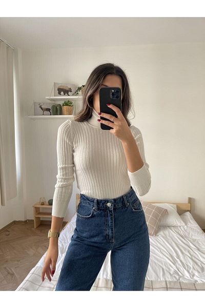 Erşan Giyim Ribbed Turtleneck Lycra Sweater Ecru
