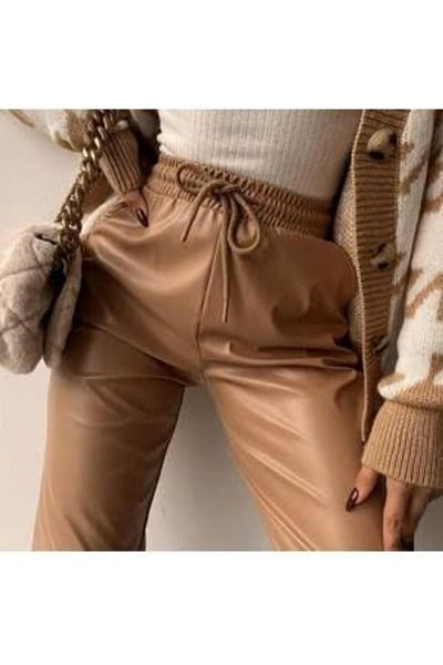 modaAdora Women's Leather Elastic Waist and Leg Jogger Trousers Ard-1202