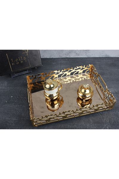 Leila Çınar Presentation Colored Mirrored Gold Tray 20x28 Cm