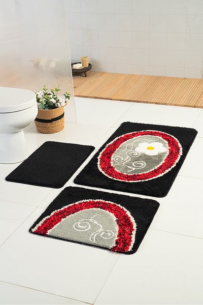 Moda Dekor Ακρυλικό Çisil Μαύρο-μπορντό 60x100 - 60x50 - 50x40 cm Χαλάκι μπάνιου 3 τεμαχίων