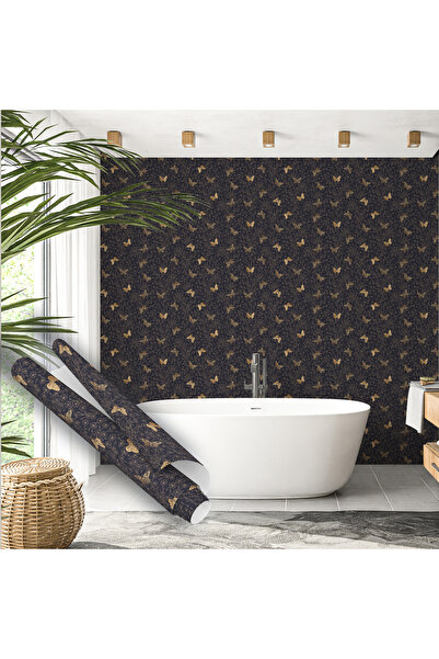 Dekoros Antrasit Üzeri Gold Kelebekli Yapışkan Folyo, Dekoratif Su Geçirmez Kaplama Kağıdı 1304