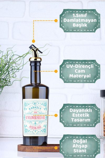 incili home Rustic Set of 2 500 ml Olive Oil Bottles with Wooden Stand Oil Pot Oil Bowl 500 Gold Head