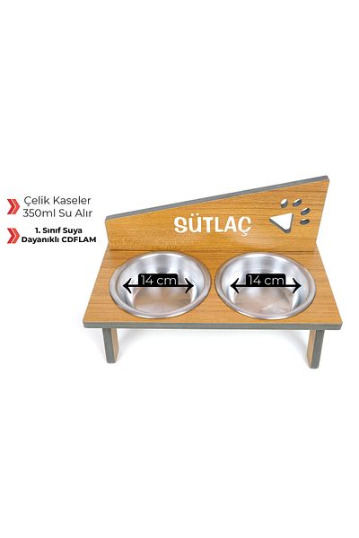 RealWood Water Resistant Wooden Steel Bowl Custom Name Printed Cat-Dog Food and Water Bowl Stand