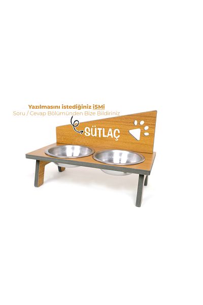 RealWood Water Resistant Wooden Steel Bowl Custom Name Printed Cat-Dog Food and Water Bowl Stand
