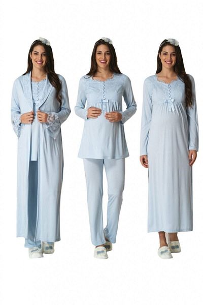 HAMİLE ÇARŞISI Mecit 4 Piece Blue Maternity Pregnant Set 1924