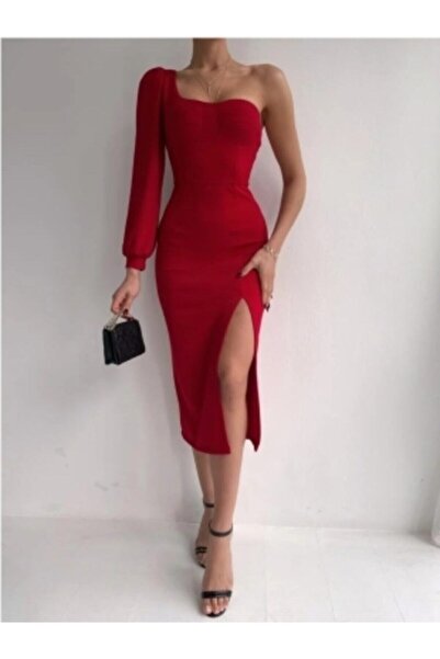 Afiş Butik Rochie roșie cu un singur umăr, lungime midi, cu fantă