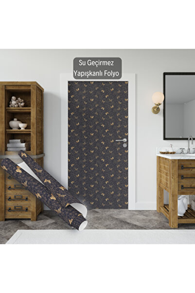 Dekoros Antrasit Üzeri Gold Kelebekli Yapışkan Folyo, Dekoratif Su Geçirmez Kaplama Kağıdı 1304