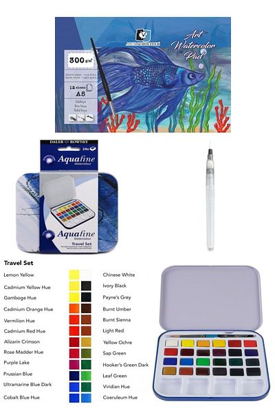 GLANCE Alex Schoeller A5 300 Gr 12 Leaf Daler Rowney Aquafine 24-Piece Half Tablet Watercolor Set