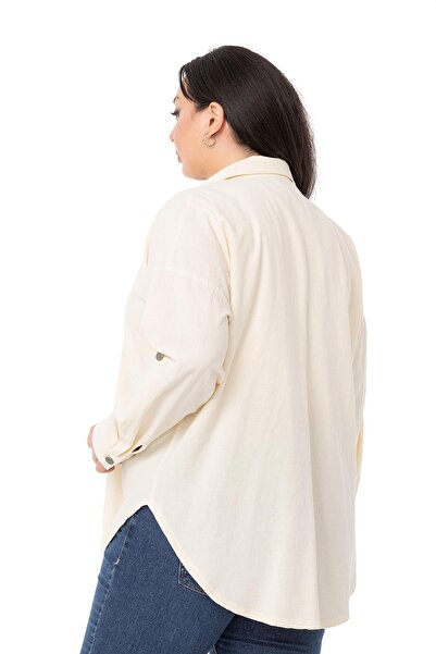DISENTIS MODEST Plus Size Folded Sleeves Metal Button Ecru Shirt