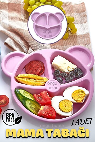 ongu home Mama Tabağı 3 Bölmeli Ayıcık Figürlü Tabak Çocuk Yemek Tabağı Pembe