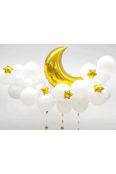 Çemrek Süs Parti Gold foil moon star white balloon chain set 76 pieces balloon and star pendant ornament ornament set