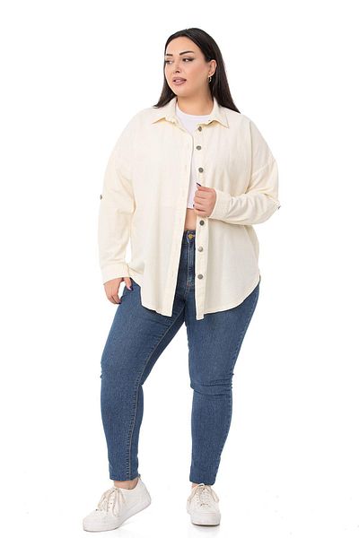 DISENTIS MODEST Plus Size Folded Sleeves Metal Button Ecru Shirt