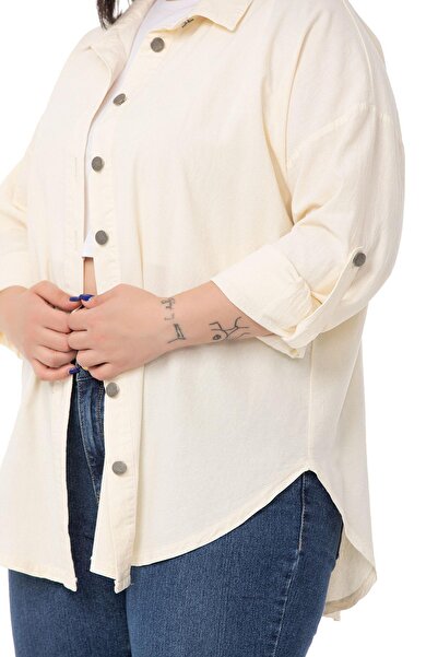 DISENTIS MODEST Plus Size Folded Sleeves Metal Button Ecru Shirt