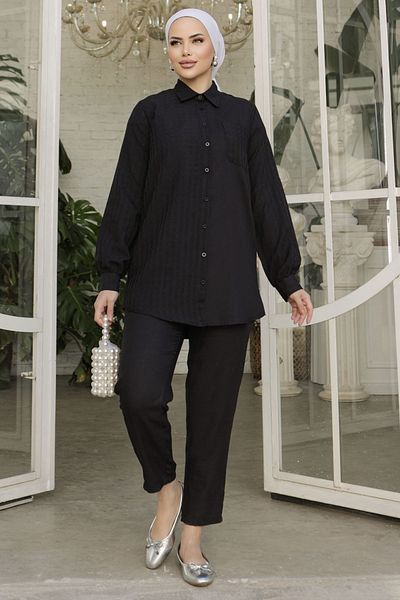 InStyle Movra Gingham Detailed Shirt Set - Black