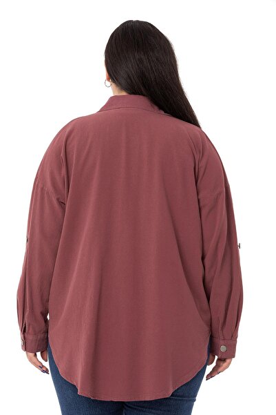 DISENTIS MODEST Plus Size Plum Shirt with Folded Sleeves and Metal Buttons