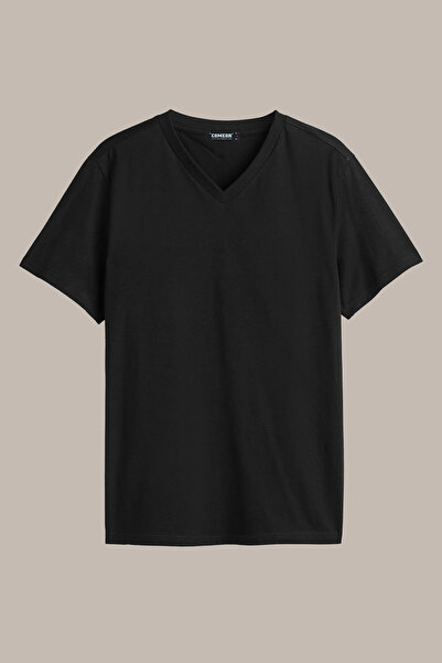 COMEOR Tricou negru pentru bărbați, 100% bumbac, cu croială normală, cu mânec...