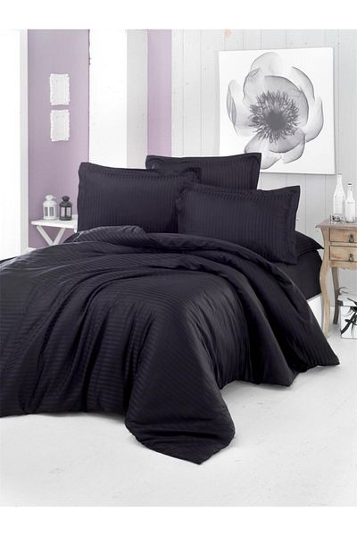 Alena Home Style 100% Cotton Satin (With Elastic Sheet) Striped Single Duvet Cover Set