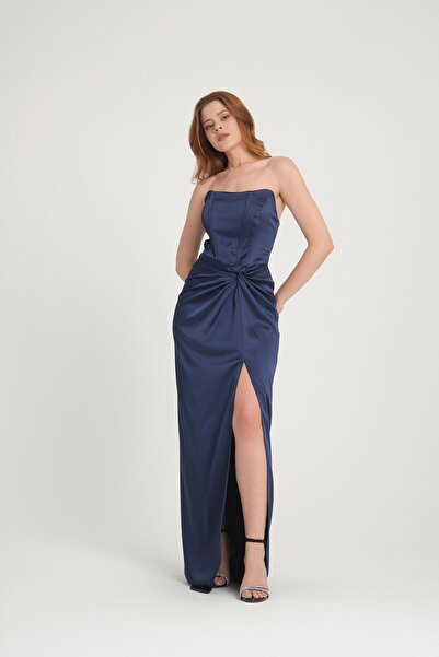 meksila kadın saten straptes balenli düğüm detaylı yırtmaçlı uzun saten astarlı düğün nişan davet abiye