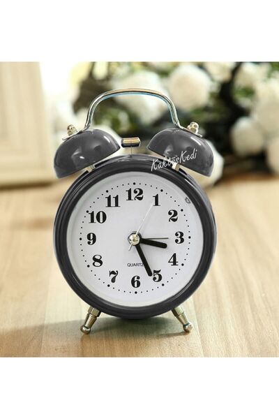 KaktüsKedi Mini Alarmlı Metal Işıklı Analog Masa Saati - Çalar Saat