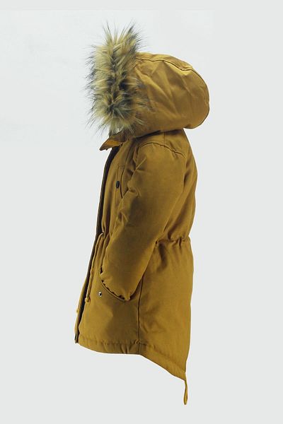 Jannock Unisex Children's Canvas Fabric Drawstring Waist Above Knee Fur Hooded Winter Coat Coat