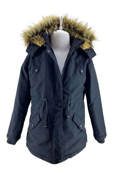 Jannock Unisex Children's Canvas Fabric Drawstring Waist Above Knee Fur Hooded Winter Coat
