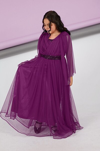 Jannock Kız Çocuk Mor Bel ve Göğüs Pul Payet Sırt Lastikli Abiye Mezuniyet Düğün Balo Elbisesi