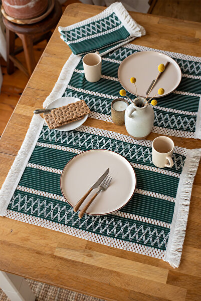 vivamaison 4'lü Amerikan Servis Pamuk Örme Dantel Püsküllü 35x50 Cm Yeşil 4 Adet