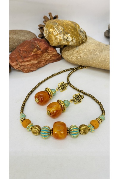 Porsuk Alternatif El yapımı cam boncuk pirinç aparatlı kadın kolye küpe set