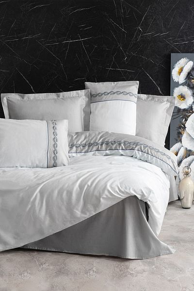 Cotton Box Fedor Grey Double Embroidered Satin Duvet Cover Set