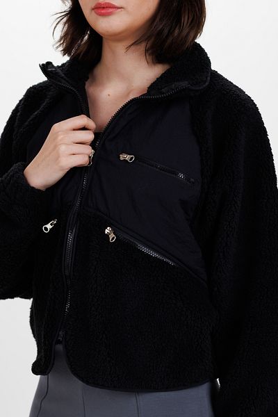 Ecrou Μαύρο Πλεκτό Παλτό Fleece - Γυναικείο, Φερμουάρ, Oversize