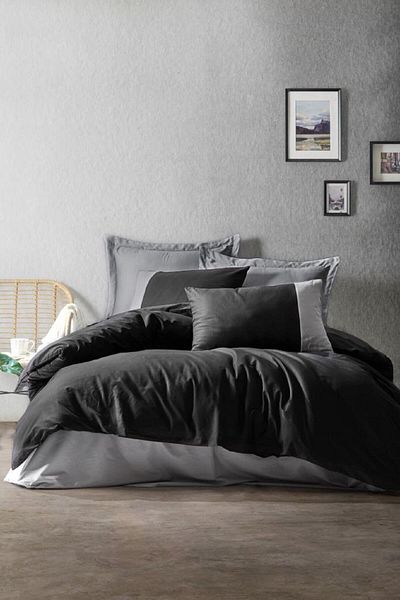 Cotton Box Black Gray Plain Line Double Duvet Cover Set -