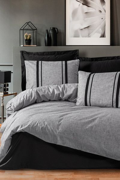 Cotton Box Plain Double Duvet Cover Set Bitter Grey-black