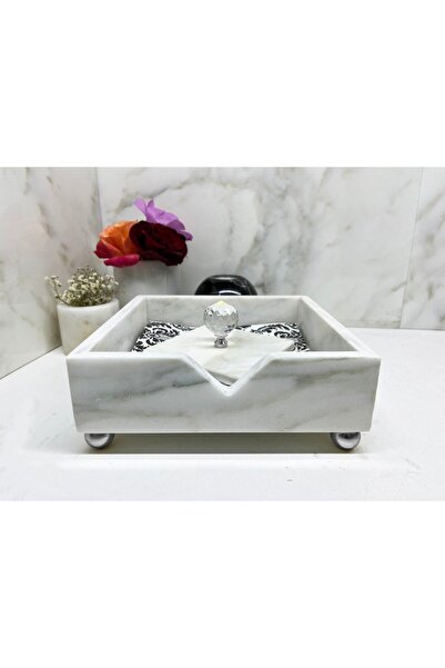 Modestmar Doğal Mermer Peçetelik Gümüş Renk Kristal Objeli