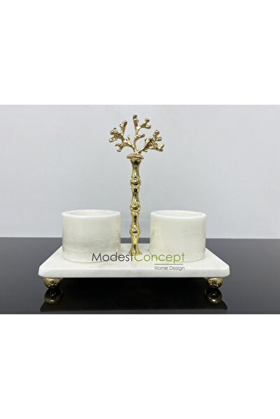 Modestmar Doğal Beyaz Mermer Baharatlık Seti 3lü Pirinç Çubuklu Gold Mercan O...