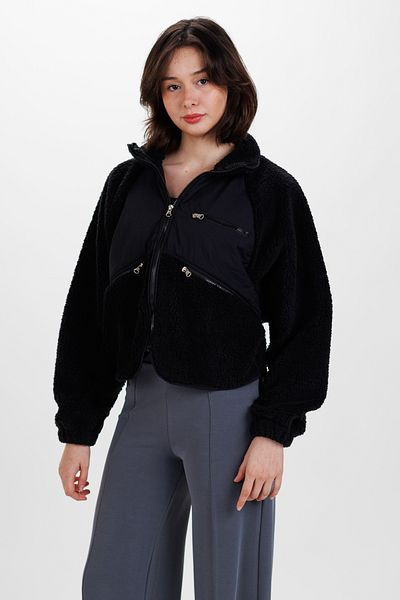 Ecrou Μαύρο Πλεκτό Παλτό Fleece - Γυναικείο, Φερμουάρ, Oversize