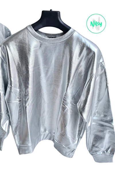 Nilsy Parlak Gümüş Şardonlu Oversize Sweatshirt