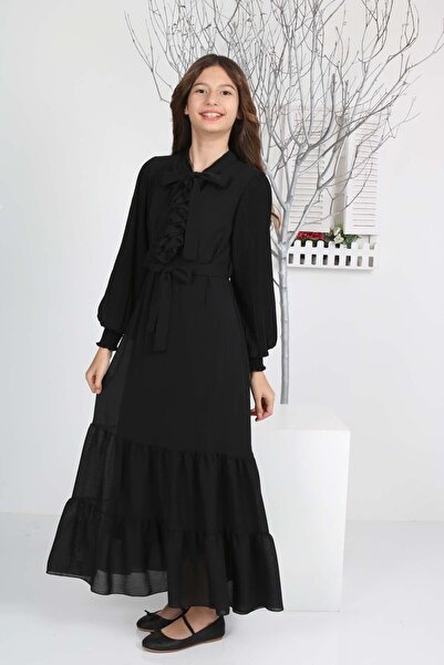 Asortik Kids Kız Çocuk Şifon Kumaş Astarlı Uzun Boydan Tesettür Elbise