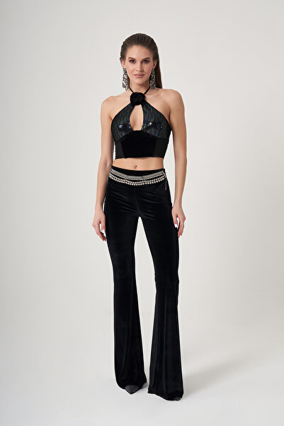 SAINT ONES ST. ONES İspanyol Paça Beli Lastikli Toparlayan Tam Siyah Kadife P...