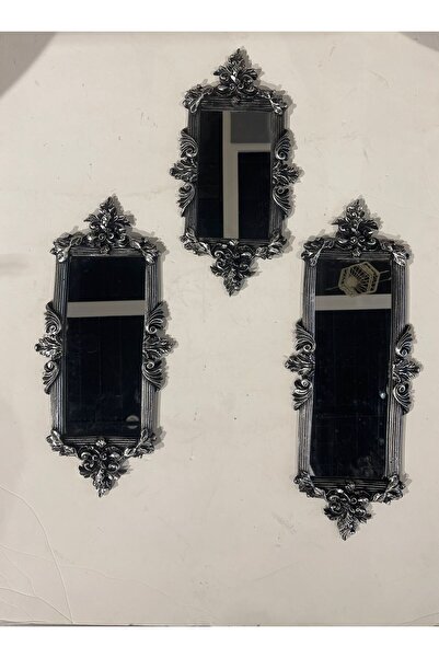Peramari Dekoratif Polyester Üçlü Dikdörtgen Ayna Takımı Gümüş Siyah Eskitme